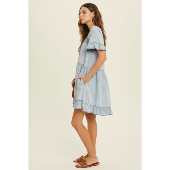 Denim Tencel Square Neck Short Sleeve Ruffle Trim Babydoll Casual Mini Dress - Picture 7 of 11